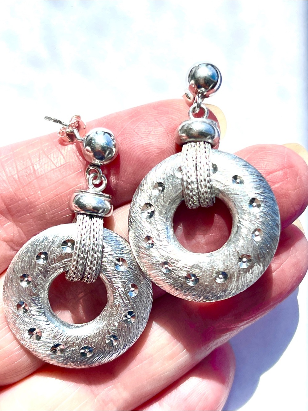 Vintage 925 Sterling Silver 3D Hollow Puffed Hoop Dangle Earrings SPARKLY!